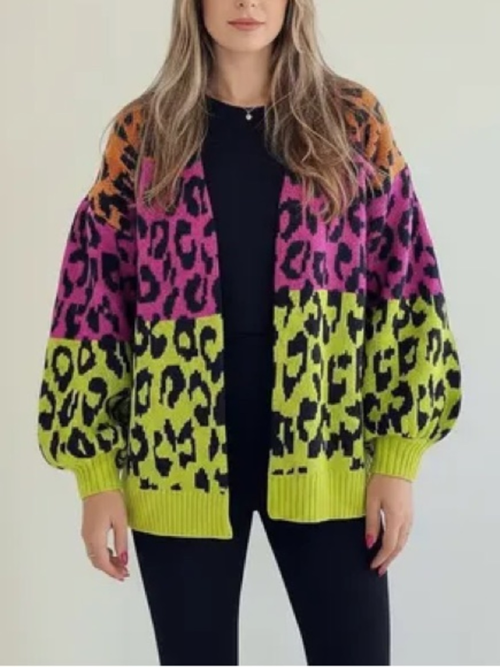 Farm Rio Mixed Leopards Cheetah Neon Green Yellow Purple Brown Cardigan Sweater
